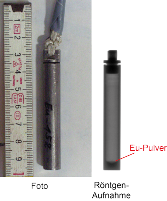 Left: Photo of an enclosed calibration source with <sup>152/154</sup>Eu in the lower section of the stainless steel container. Right: X-ray radiography of the calibration source.
