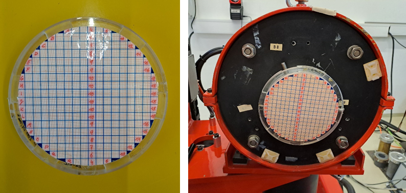 Photos of the surface source (left) and the surface source mounted at the output of the collimator (right)