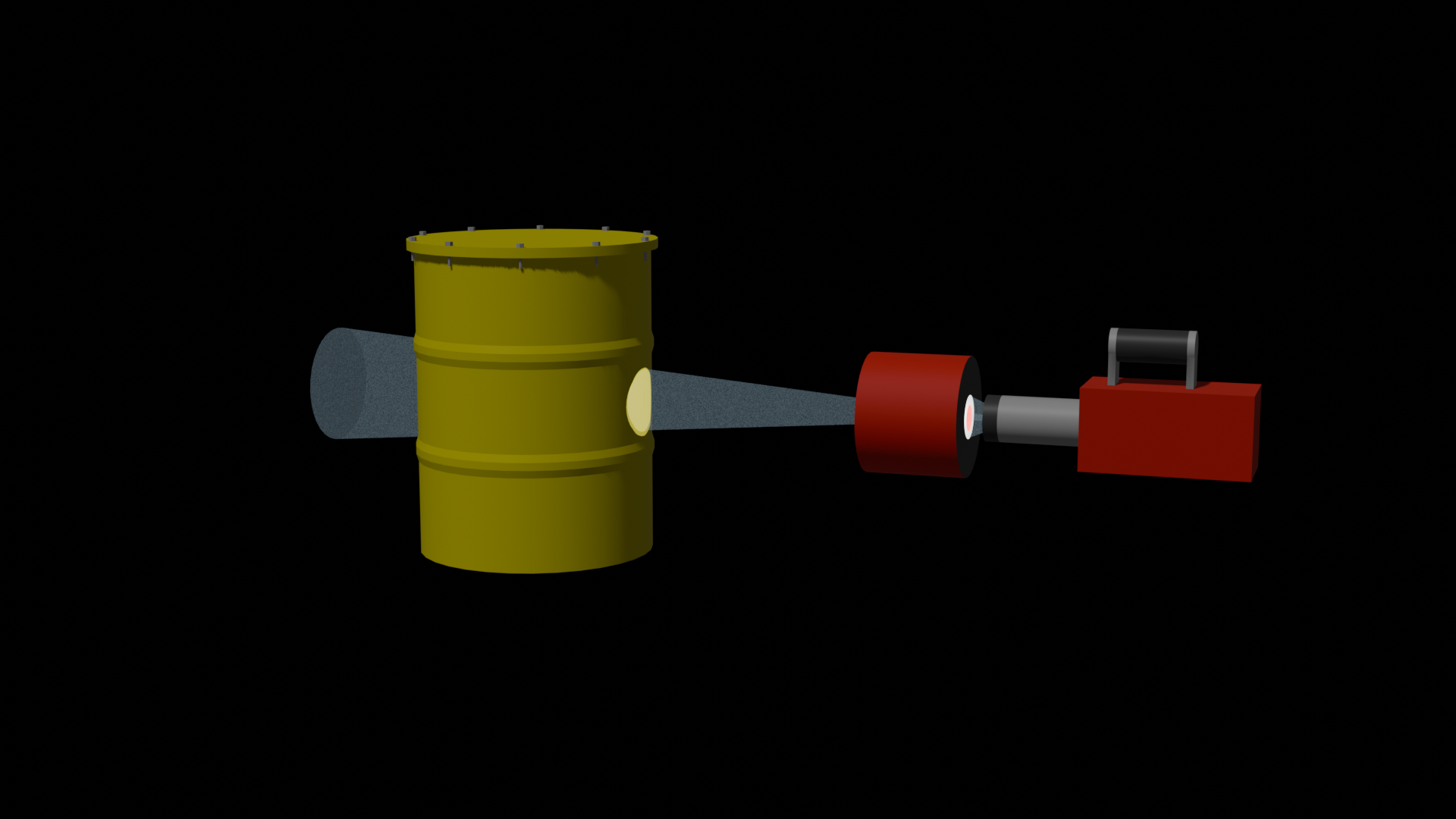 Schematic representation of the measurement method in collimated geometry. The detector (right) sees a section of the entire object. The detection cone (gray), which defines the field of view, is determined by a suitable collimator (left in front of the detector). By scanning with an appropriate mechanical device, the entire surface of the object is captured.